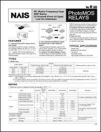 AQV225NSZ datasheet: PhotoMOS relay, RF (radio frequency) type [1-channel (form A) type]. Low On resistance. Output rating: load voltage 80 V, load current 120 mA. Throuh hole terminal. Tape and reel packing style. Picked from the 4/5/6-pin side. AQV225NSZ