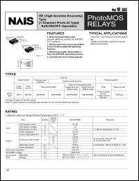 AQV257MAZ datasheet: PhotoMOS relay, HE (high-function economy) type [1-channel (form A) type] - soft ON/OFF operation. Output rating: load voltage 200 V, load current 250 mA. Surface-mount terminal, tape and reel packing style, picked from the 4/5/6-pin side. AQV257MAZ