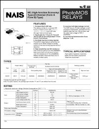AQW654AZ datasheet: PhotoMOS relay, HE (high-function economy) [2-channel (form A form B) type]. AC/DC type. Output rating: load voltage 400 V, load current 120 mA. Picked from the 5/6/7/8-pin side. Surface mount terminal. AQW654AZ