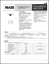 AQY221N1SX datasheet: PhotoMOS relay, RF (radio frequency). C x R 20 type. AC/DC type. Output rating: load voltage 40 V, load current 120 mA. AQY221N1SX