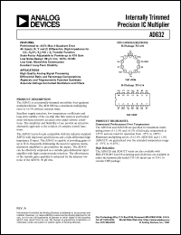 AD632BD datasheet: +-8 - +-18V; 4-6mW; internally trimmed precision IC multiplier. For high guality analog signal processing AD632BD