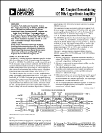 AD640BE datasheet: +-7.5V; DC-coupled demodulating 120MHz logarythmic amplifier. For sonar, radar, ultrasonic and audio systems AD640BE