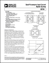 AD704JR-/REEL datasheet: +-18V; quad picoampere inout current bipolar Op Amp. For industrial/process controls, weigh scales AD704JR-/REEL
