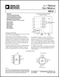 AD9300TQ/883B datasheet: 16V; 6.0mA; 4 x 1 wideband video multiplexer. For video routing, medical imaging, electro optics, ECM and radar systems AD9300TQ/883B