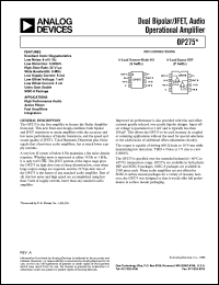 OP275GS datasheet: 22V; dual bipolar/JFET, audio operational amplifier. For high performance audio, active filters, fast amplifiers, integrators OP275GS