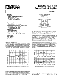 AD8004AR-14-REEL datasheet: 12.6V; quad 3000V/uS, 35mW current feedback amplifier. For image scanners, active filters, video switches, special effects AD8004AR-14-REEL