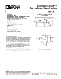 ADP3302AR2 datasheet: OutputV: 3.2V; high precision anyCAP dual low dropout linear regulator. For cellular telephones; notebook, palmtop computers; battery powered systems and portable instruments ADP3302AR2