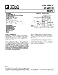 AD9070BR datasheet: 6V; 20mA; 10-bit, 100MSPS A/D converter. For digital communications, signal intelligence AD9070BR