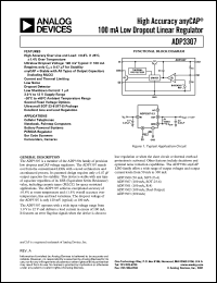 ADP3307ART-3 datasheet: OutputV: 3V; high accuracy anyCAP 100mA low dropout lionear regulator. For cellular telephones, notebook, palmtop computers, battery powered systems, PCMCIA regulator, bar code scanners, camcorders, cameras ADP3307ART-3