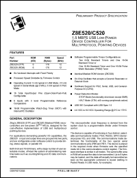 Z8E520SSC datasheet: 1.5 MBPS USB Low power device controller for multiprotocol pointing devices, OTP, 6Kb ROM, 176 RAM, 12MHz Z8E520SSC