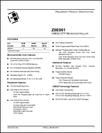 Z8E00110SSC datasheet: CMOS OTP Microcontroller, 1Kb ROM, 64b RAM, 10MHz Z8E00110SSC