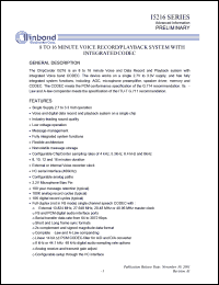 I5216P datasheet: 8 to 16 minute vioce record/playback system with integrated codec I5216P