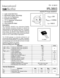 IRL3803 datasheet: N-channel power MOSFET for logic-level gate drive applications, 30V, 140A IRL3803