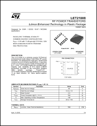 LET21008 datasheet: RF POWER TRANSISTORS LDMOS ENHANCED TECHNOLOGY IN PLASTIC PACKAGE LET21008