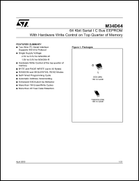 M34D64-W datasheet: 64 KBIT SERIAL I²C BUS EEPROM WITH HARDWARE WRITE CONTROL ON TOP QUARTER OF MEMORY M34D64-W