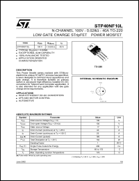P40NF10L datasheet: N-CHANNEL 100V - 0.028 OHM - 40A TO-220 LOW GATE CHARGE STRIPFET POWER MOSFET P40NF10L