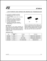 ST491ABN datasheet: LOW POWER HIGH SPEED RS-485/RS422 TRANSCEIVER ST491ABN