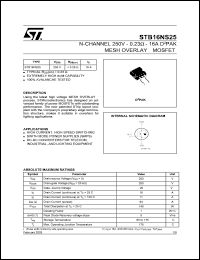STB16NS25 datasheet: N-CHANNEL 250V - 0.23 OHM - 16A D2PAK MESH OVERLAY MOSFET STB16NS25