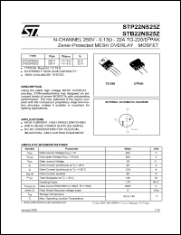 STB22NS25Z datasheet: N-CHANNEL 250V 0.13 OHM 22A TO-220 / D2PAK ZENER-PROTECTED MESH OVERLAY MOSFET STB22NS25Z
