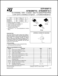STB40NF10-1 datasheet: N-CHANNEL 100V - 0.024 OHM - 50A TO-220/D2PAK/I2PAK LOW GATE CHARGE STRIPFET II POWER MOSFET STB40NF10-1