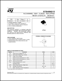 STB40NS15 datasheet: N-CHANNEL 150V 0.042 OHM 40A D2PAK MESH OVERLAY MOSFET STB40NS15