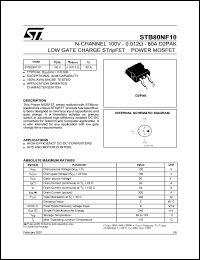 STB80NF10T4 datasheet: N-CHANNEL 100V - 0.012 OHM - 80A I2PAK/D2PAK LOW GATE CHARGE STRIPFET POWER MOSFET STB80NF10T4
