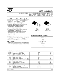 STD100NH02L datasheet: N-CHANNEL 24V - 0.0042 OHM - 60A DPAK/IPAK STRIPFET III POWER MOSFET STD100NH02L