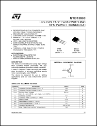 STD13003 datasheet: HIGH VOLTAGE FAST-SWITCHING NPN POWER TRANSISTOR STD13003