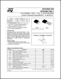 STD2NC70Z datasheet: N-CHANNEL 700V 4.1 OHM 2.3A DPAK/IPAK ZENER-PROTECTED POWERMESH III MOSFET STD2NC70Z