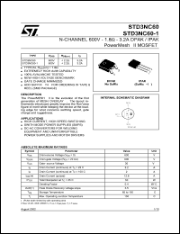 STD3NC60-1 datasheet: N-CHANNEL 600V - 1.8 OHM - 3.2A - DPAK/IPAK POWERMESH II MOSFET STD3NC60-1
