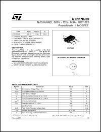 STN1NC60 datasheet: N-CHANNEL 600V 12 OHM 0.3A SOT-223 POWERMESH II MOSFET STN1NC60