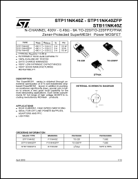 STP11NK40Z datasheet: N-CHANNEL 400V 0.49 OHM 9A TO-220/TO-220FP/D2PAK ZENER-PROTECTED SUPERMESH POWER MOSFET STP11NK40Z