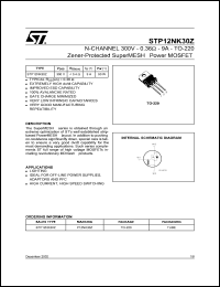 STP12NK30Z datasheet: N-CHANNEL 300V 0.36 OHM 9A TO-220 ZENER-PROTECTED SUPER-MESH POWER MOSFET STP12NK30Z