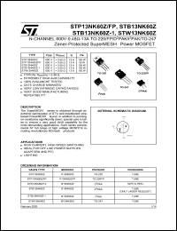STP13NK60Z datasheet: N-CHANNEL 600V - 0.48 OHM - 13A TO-220/TO-220FP/D2PAK/I2PAK/TO-247 ZENER-PROTECTED SUPERMESH POWER MOSFET STP13NK60Z