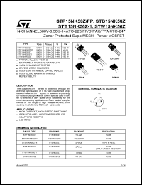 STP15NK50Z datasheet: N-CHANNEL 500V 0.30 OHM 14A TO-220/TO-220FP/D2PAK/I2PAK/TO-247 ZENER-PROTECTED SUPERMESH POWER MOSFET STP15NK50Z