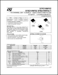 STP210NF02 datasheet: N-CHANNEL 20V - 0.0026 OHM - 120A D2PAK/I2PAK/TO-220 STRIPFET II POWER MOSFET STP210NF02