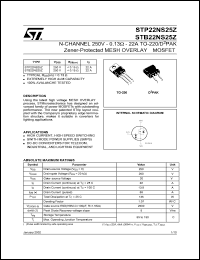 STP22NS25Z datasheet: N-CHANNEL 250V 0.13 OHM 22A TO-220 / D2PAK ZENER-PROTECTED MESH OVERLAY MOSFET STP22NS25Z