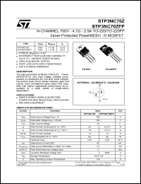 STP3NC70Z datasheet: N-CHANNEL 700V 4.1 OHM 2.5A TO-220/TO-220FP ZENER-PROTECTED POWERMESH III MOSFET STP3NC70Z