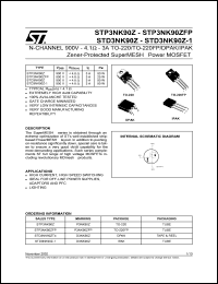 STP3NK90ZFP datasheet: N-CHANNEL 900V 4.1 OHM 3A TO-220/TO-220FP/DPAK/IPAK ZENER-PROTECTED SUPERMESH POWER MOSFET STP3NK90ZFP