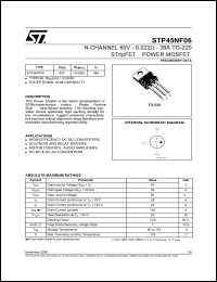 STP45NF06 datasheet: N-CHANNEL 60V 0.022 OHM 38A TO-220 STRIPFET POWER MOSFET STP45NF06