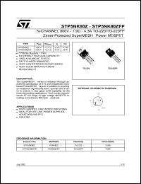 STP5NK80Z datasheet: N-CHANNEL 800V 1.9 OHM 4.3A TO-220/TO-220FP ZENER-PROTECTED SUPERMESH POWER MOSFET STP5NK80Z