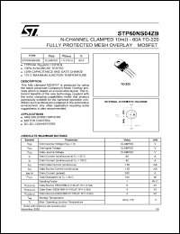 STP60NS04ZB datasheet: N-CHANNEL CLAMPED 10MOHM 60A TO-220 FULLY PROTECTED MESH OVERLAY MOSFET STP60NS04ZB