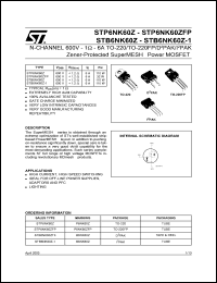 STP6NK60Z datasheet: N-CHANNEL 600V 1 OHM 6A TO-220/TO-220FP/D2PAK/I2PAK ZENER-PROTECTED SUPERMESH POWER MOSFET STP6NK60Z