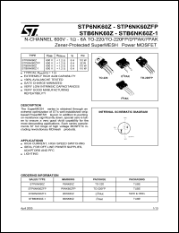 STP6NK60ZFP datasheet: N-CHANNEL 600V 1 OHM 6A TO-220/TO-220FP/D2PAK/I2PAK ZENER-PROTECTED SUPERMESH POWER MOSFET STP6NK60ZFP