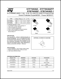STP7NK80Z datasheet: N-CHANNEL 800V - 1.5 OHM - 5.2A TO-220/TO-220FP/I2PAK/D2PAK ZENER-PROTECTED SUPERMESH POWER MOSFET STP7NK80Z