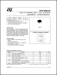 STS1DNC45 datasheet: DUAL N-CHANNEL 450V - 4.1 OHM - 0.4A SO-8 SUPERMESH POWER MOSFET STS1DNC45