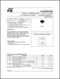 STS2DPF20V datasheet: DUAL P-CHANNEL 20V 0.014 OHM 2A SO-8 2.7V-DRIVE STRIPFET II POWER MOSFET STS2DPF20V
