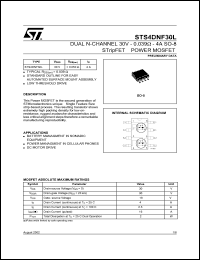 STS4DNF30L datasheet: DUAL N-CHANNEL 30V - 0.039 OHM - 4A SO-8 STRIPFET POWER MOSFET STS4DNF30L