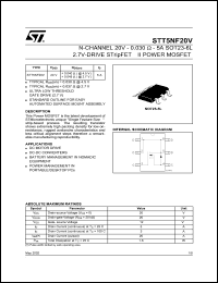 STT5NF20V datasheet: N-CHANNEL 20V 0.030 OHM 5A SOT23-6L 2.7-DRIVE STRIPFET II POWER MOSFET STT5NF20V