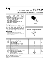 STW10NC70Z datasheet: N-CHANNEL 700V 0.58OHM 10.6A TO-247 ZENER-PROTECTED POWERMESH III MOSFET STW10NC70Z